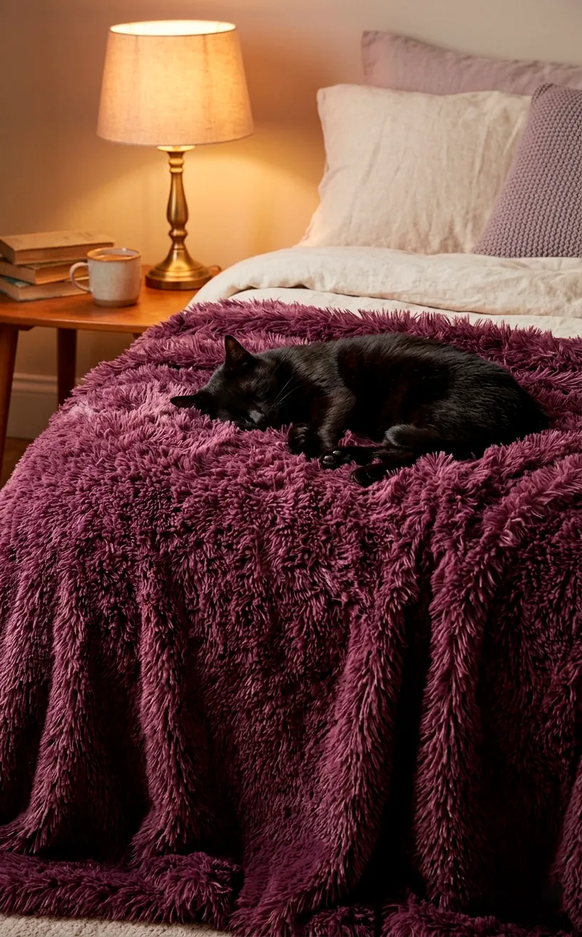 Plum purple faux fur throw blanket on a bed with a black cat.