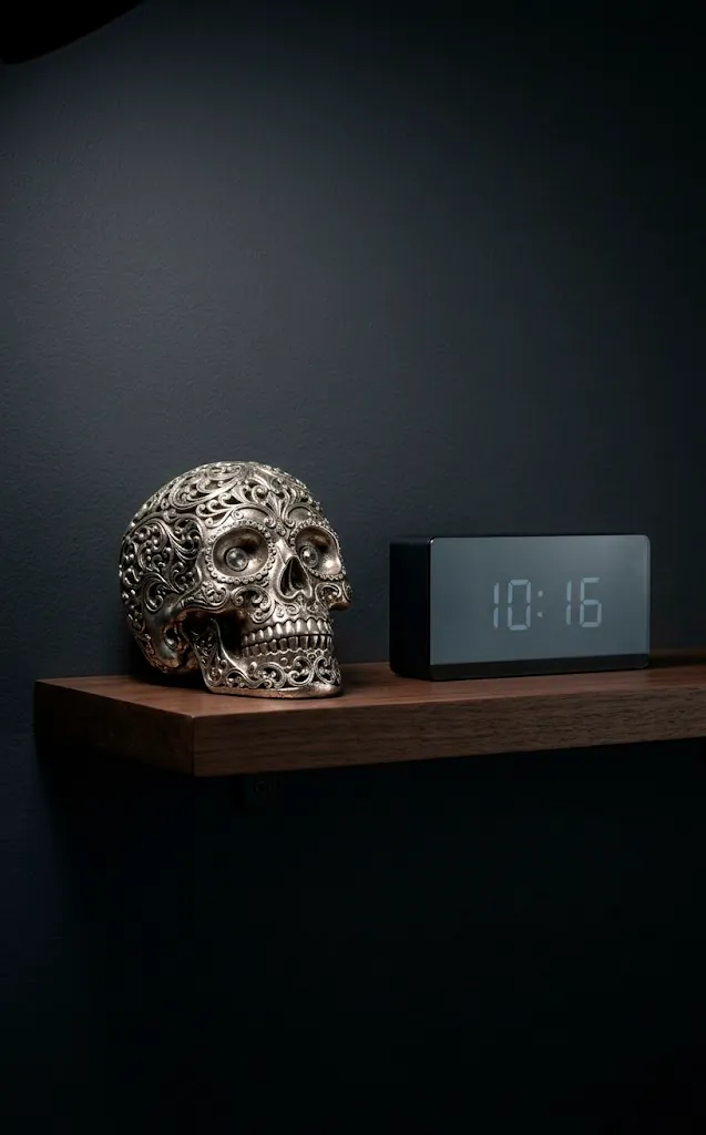 Silver skull decor and modern clock on a charcoal grey floating shelf.