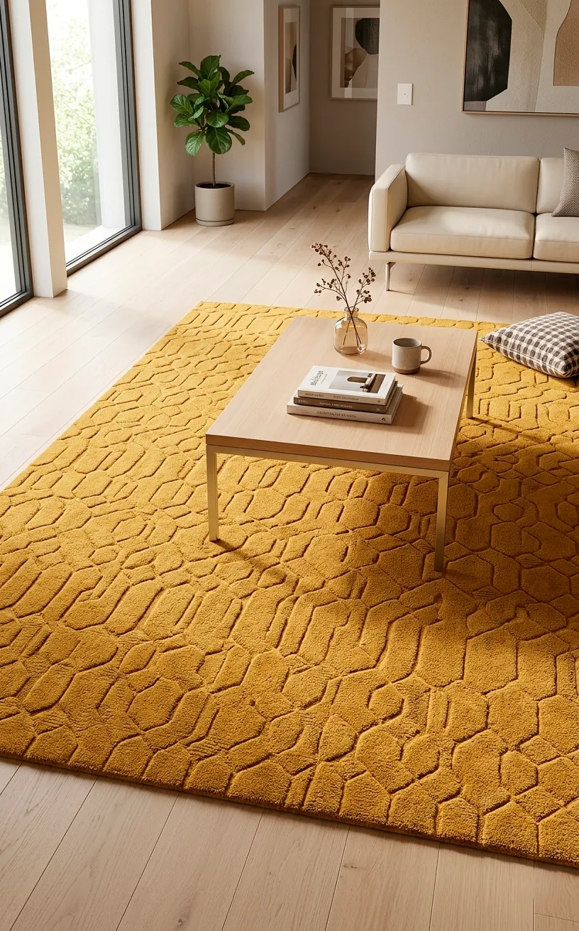 Large mustard yellow area rug with geometric patterns in a bright living room.