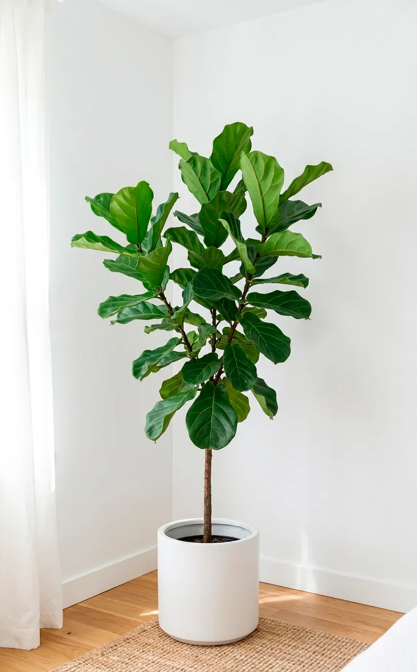 Tall Fiddle Leaf Fig in a white ceramic pot adding a pop of green to a minimalist white room.