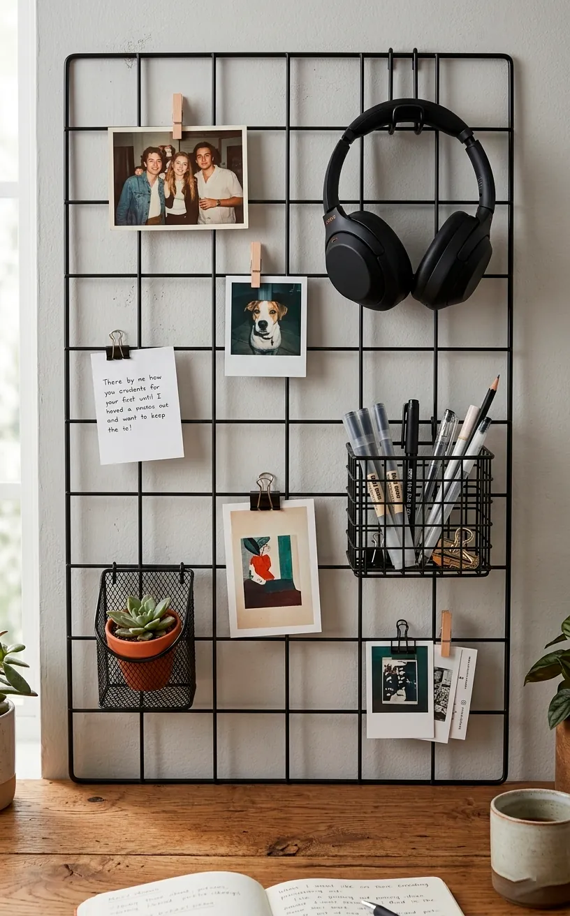 A black metal wall grid organizer used for hanging office supplies and decor.