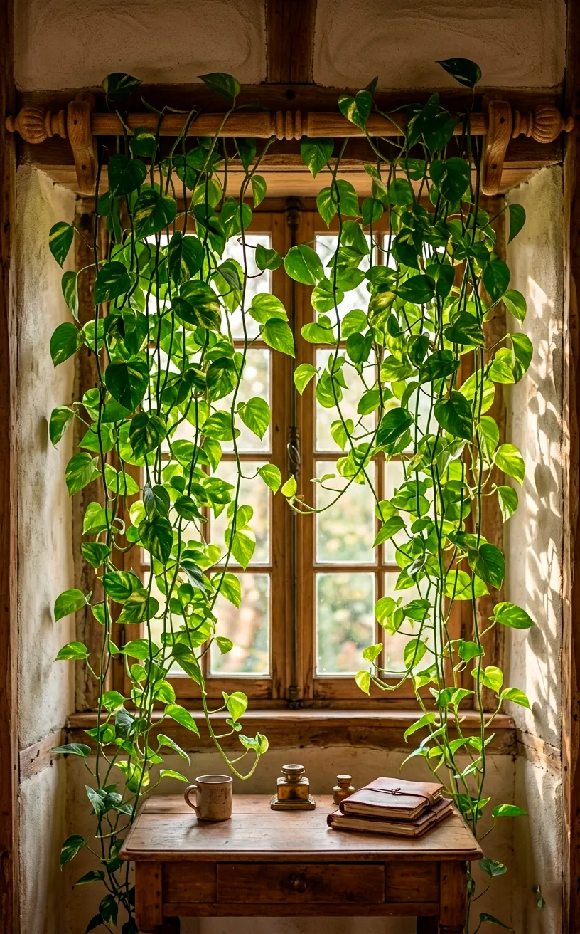 Natural green curtain made of trailing Pothos plants draped over a window in a sunlit room.