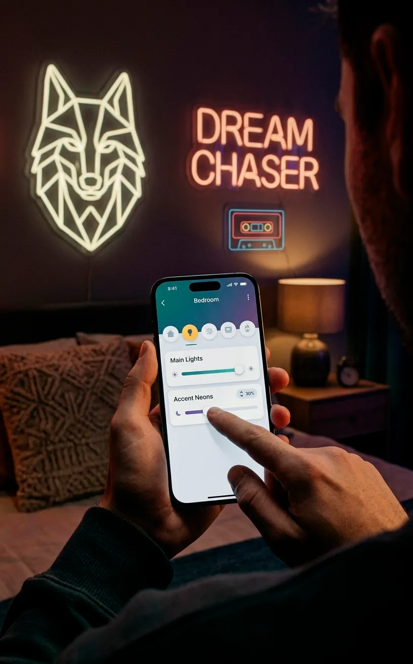 Smartphone app controlling neon bedroom lights with smart home integration.