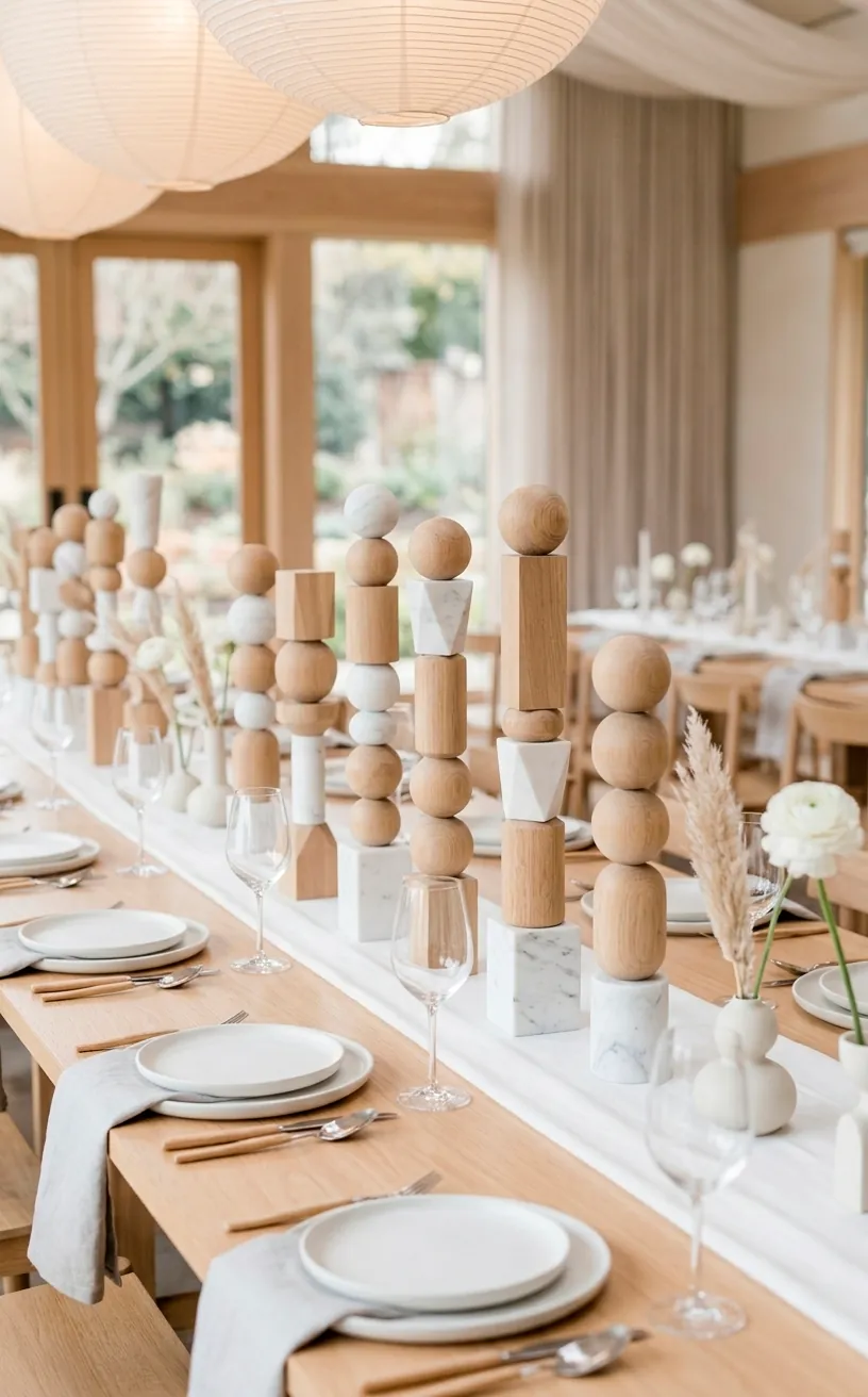 Geometric totem centerpieces made of wood and marble on a wedding table.