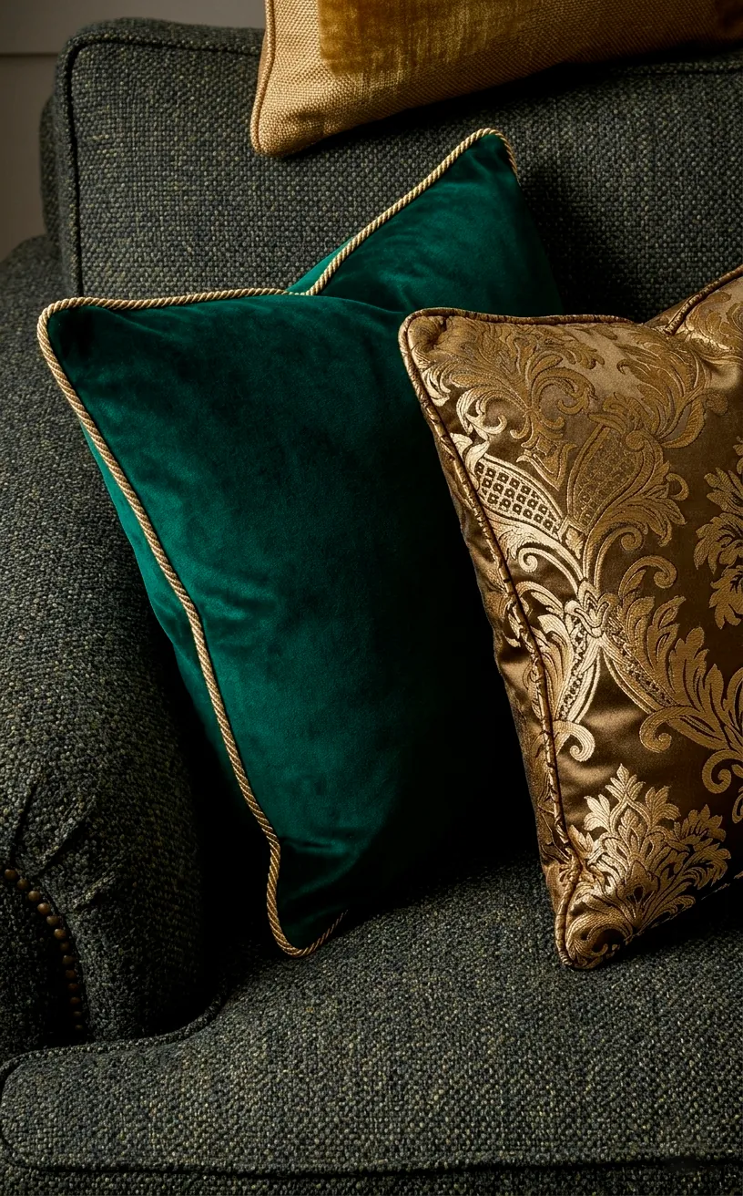 Emerald velvet and gold brocade decorative pillows on a sofa.