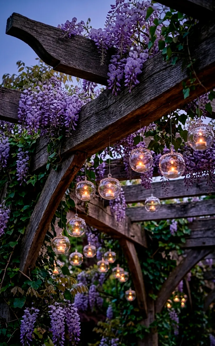 Wisteria and hanging tea light globes on a rustic garden pergola.