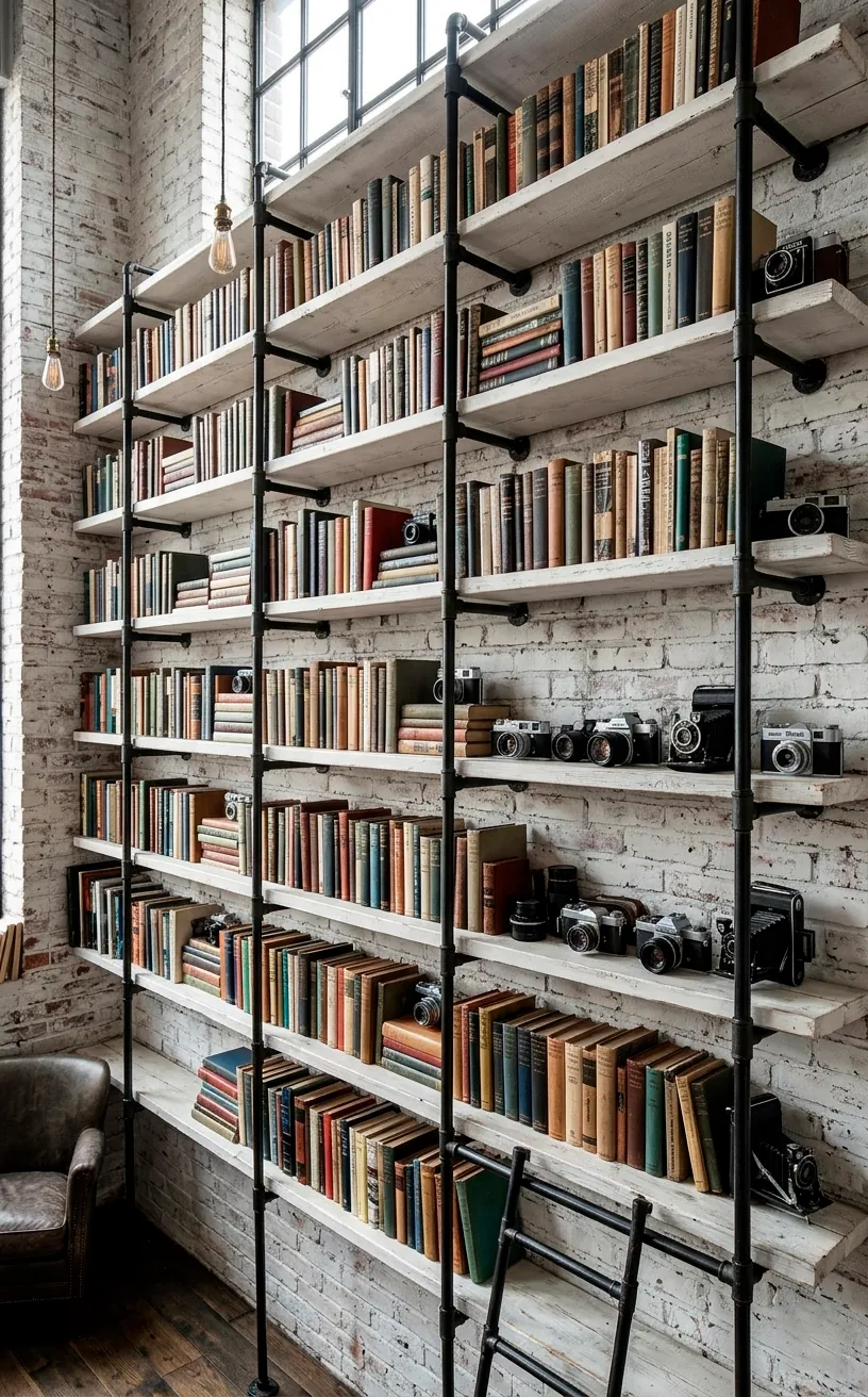 Industrial library with black pipe shelving and white wood planks against a white brick wall.