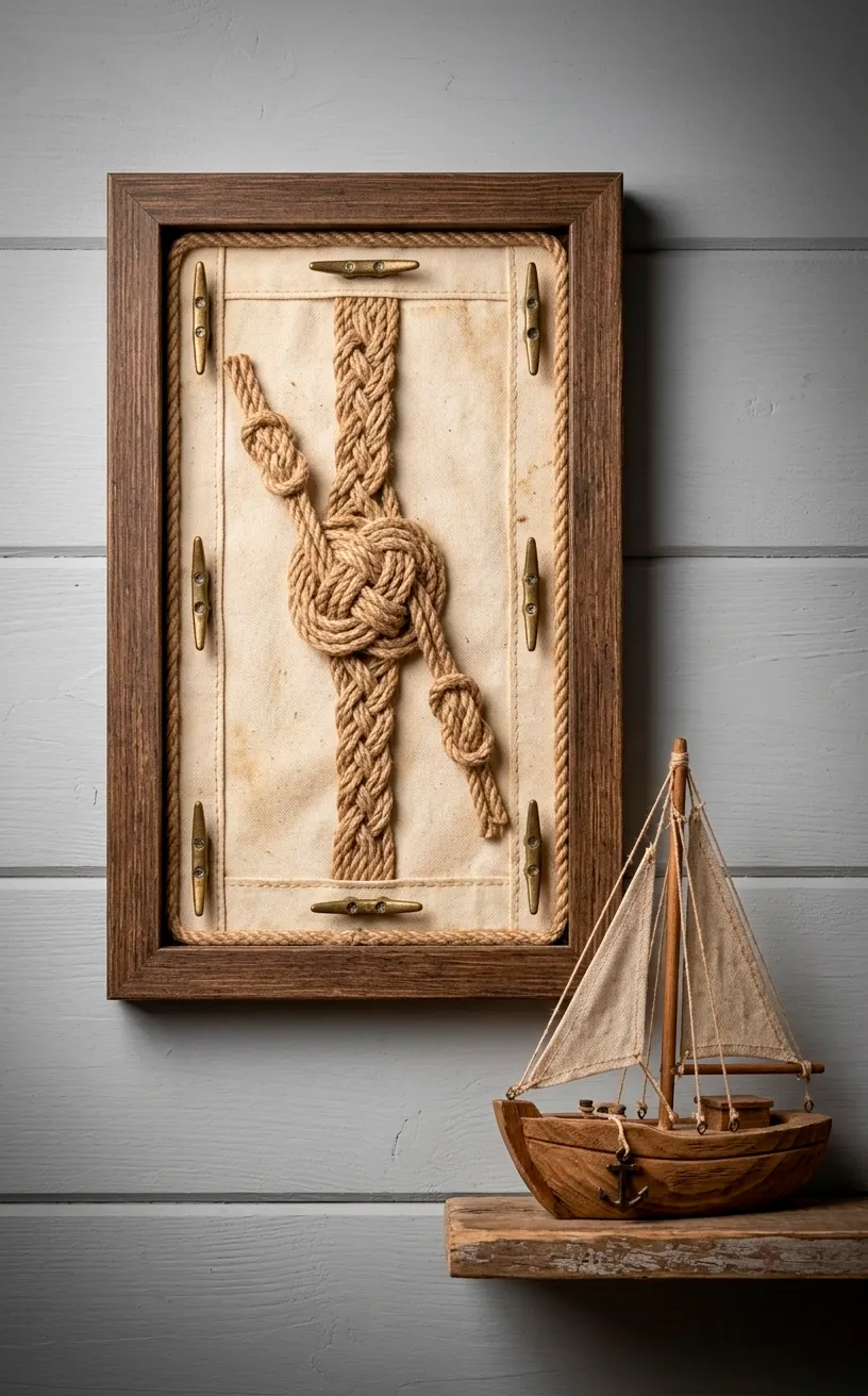 Close-up of nautical rope art and a model sailboat on a shelf.