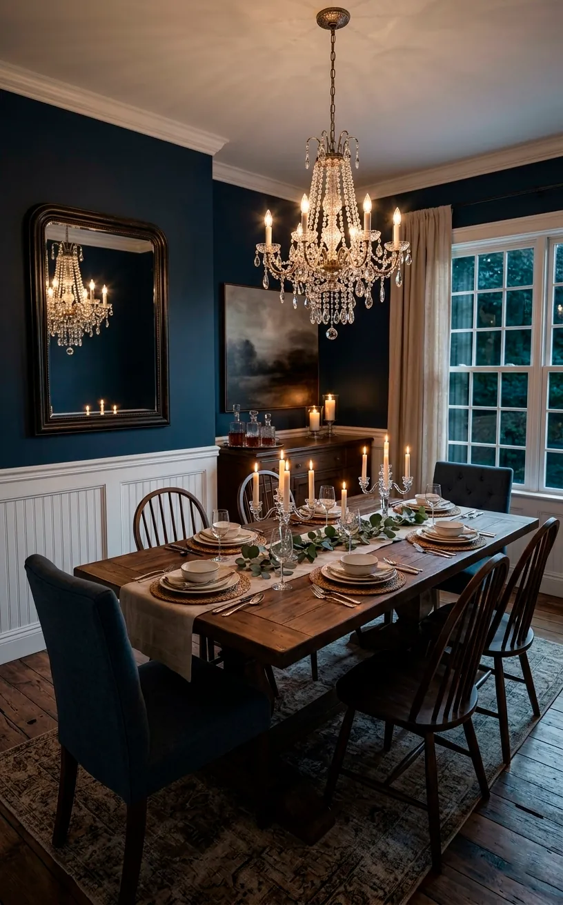 A dramatic dining room with Hale Navy walls and white wainscoting.
