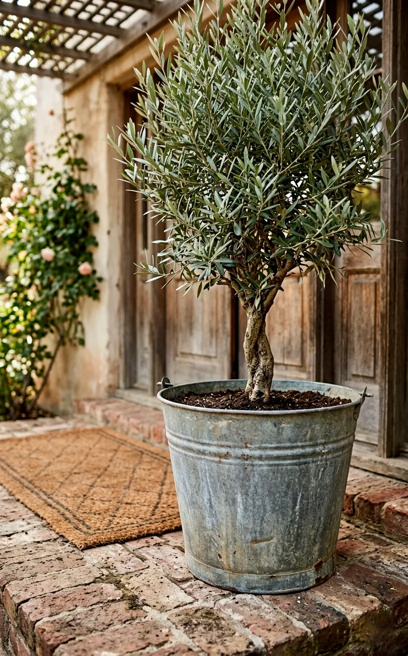 Galvanized metal olive bucket used as a floor planter.