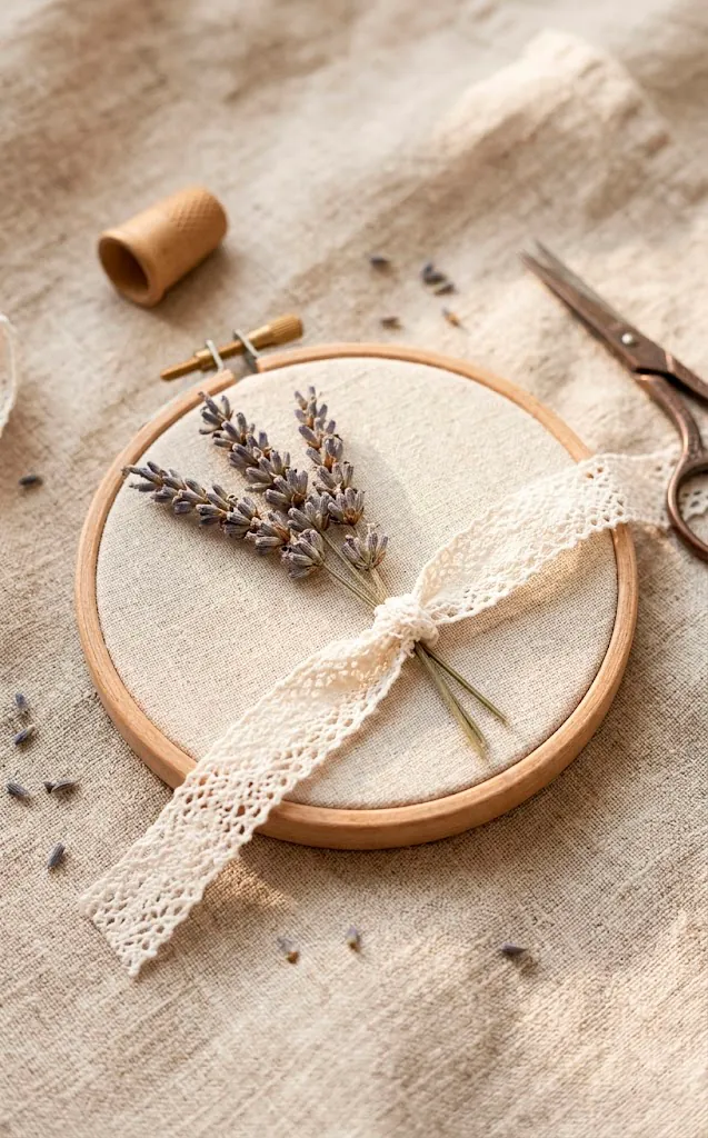 Handmade embroidery hoop frame being decorated with lace and dried lavender.