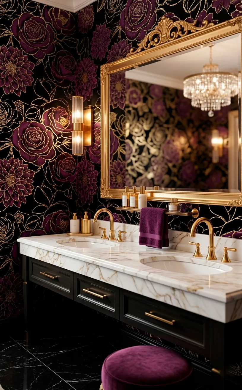 Luxurious black and gold floral wallpaper in a bathroom with white marble accents.
