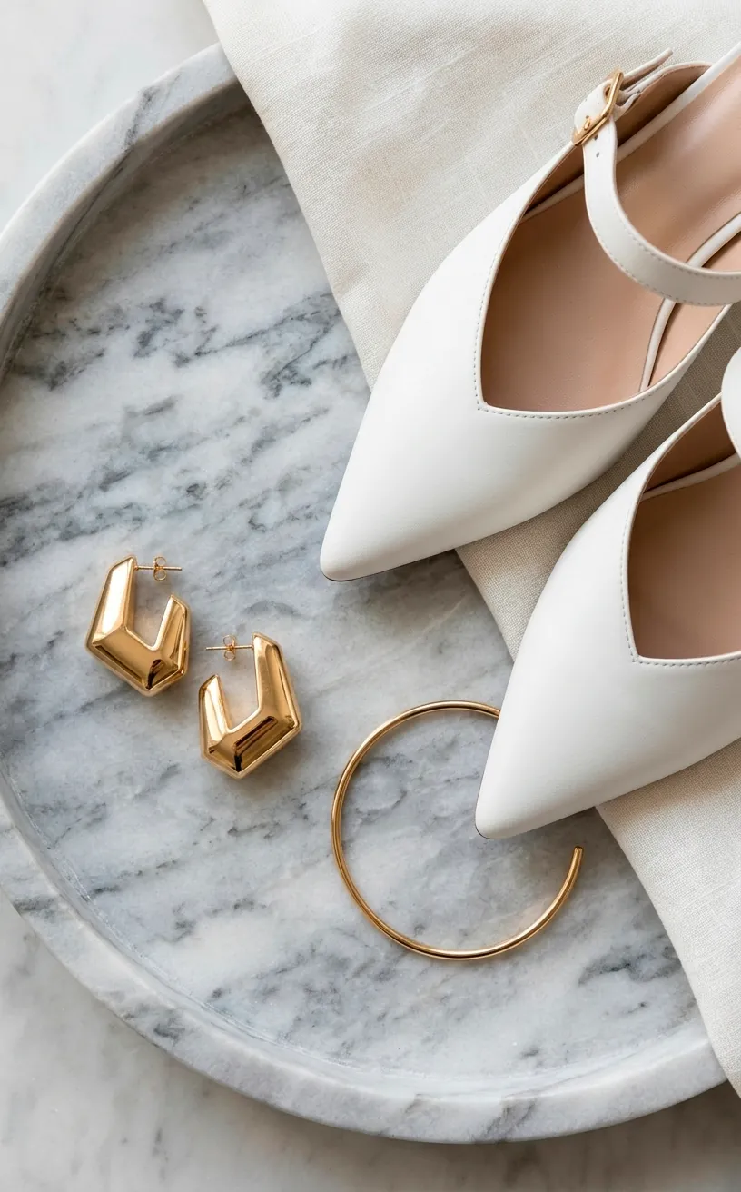 Minimalist gold bridal jewelry and white leather wedding shoes.