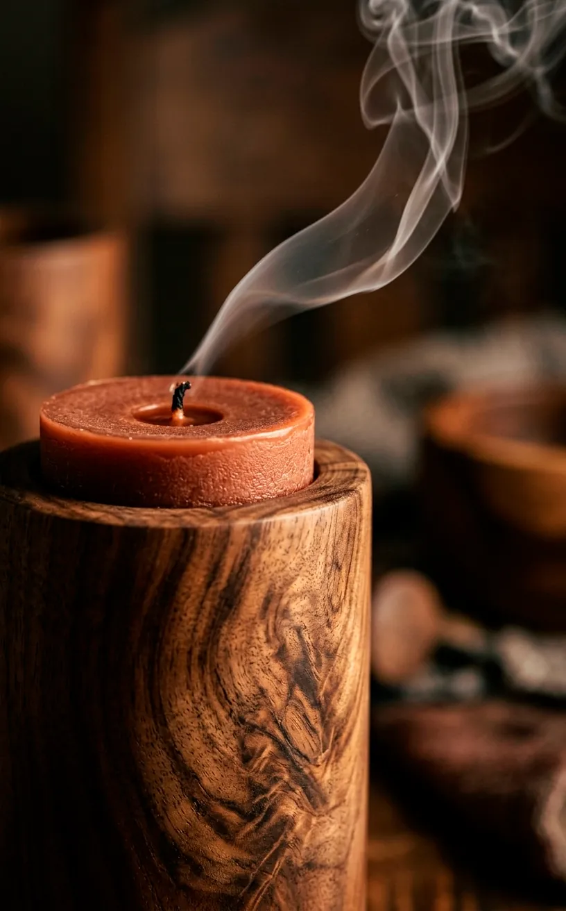Close-up of a walnut wood candle holder and a terracotta taper candle.