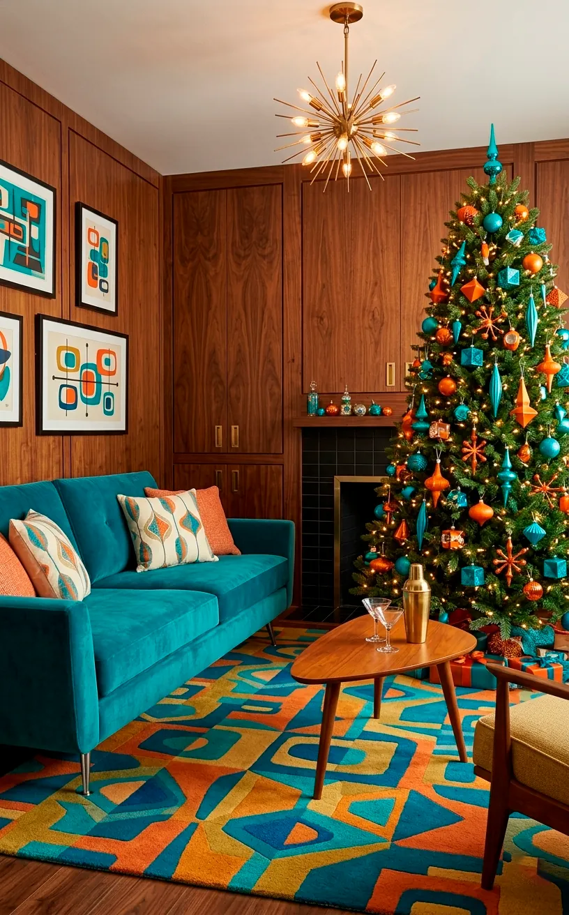Mid-century modern Christmas decor with a teal and tangerine color palette.