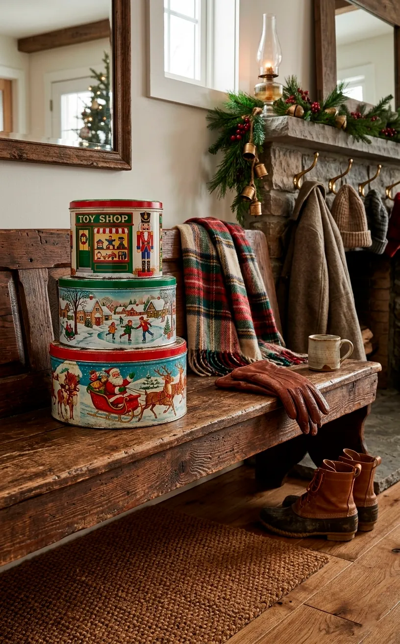 Stack of vintage illustrated Christmas cookie tins on an entryway bench.