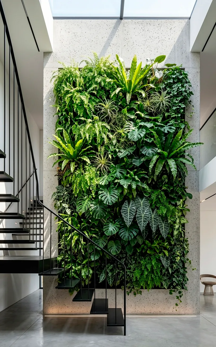Lush vertical indoor garden on a large concrete wall in a modern home.