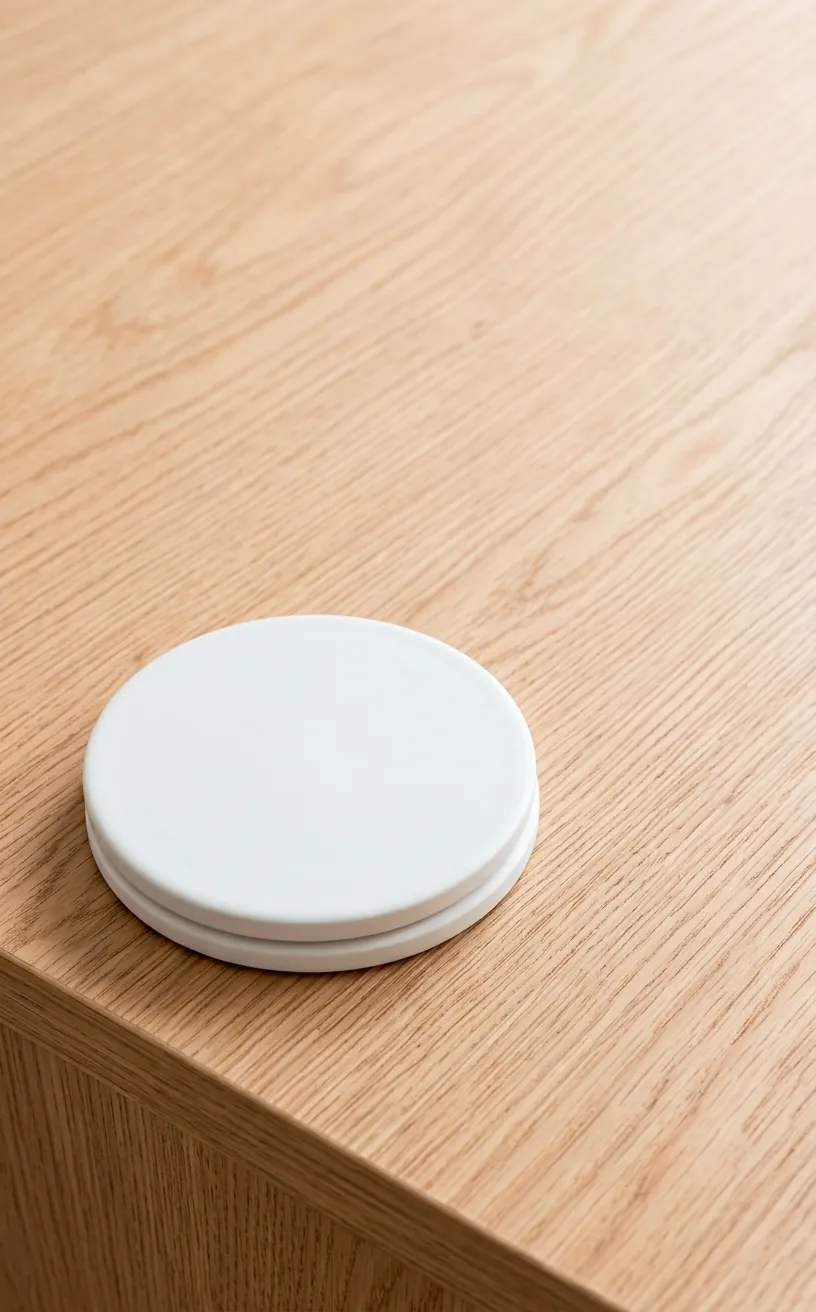 Close up of light oak furniture grain with minimalist coasters.