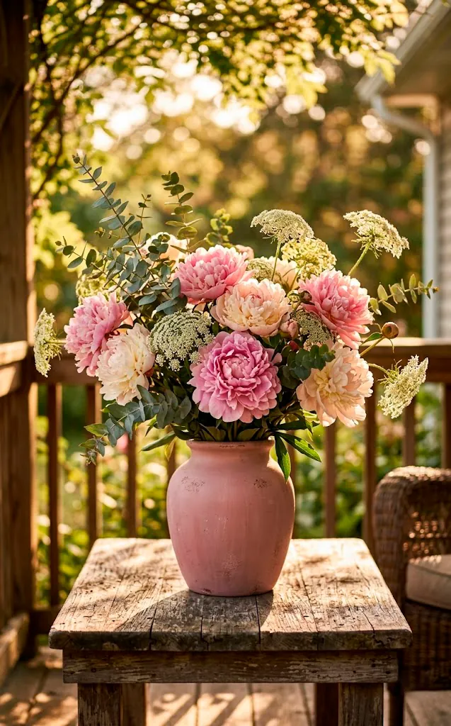Lush wild flower arrangement in a DIY chalk-painted vintage vase.