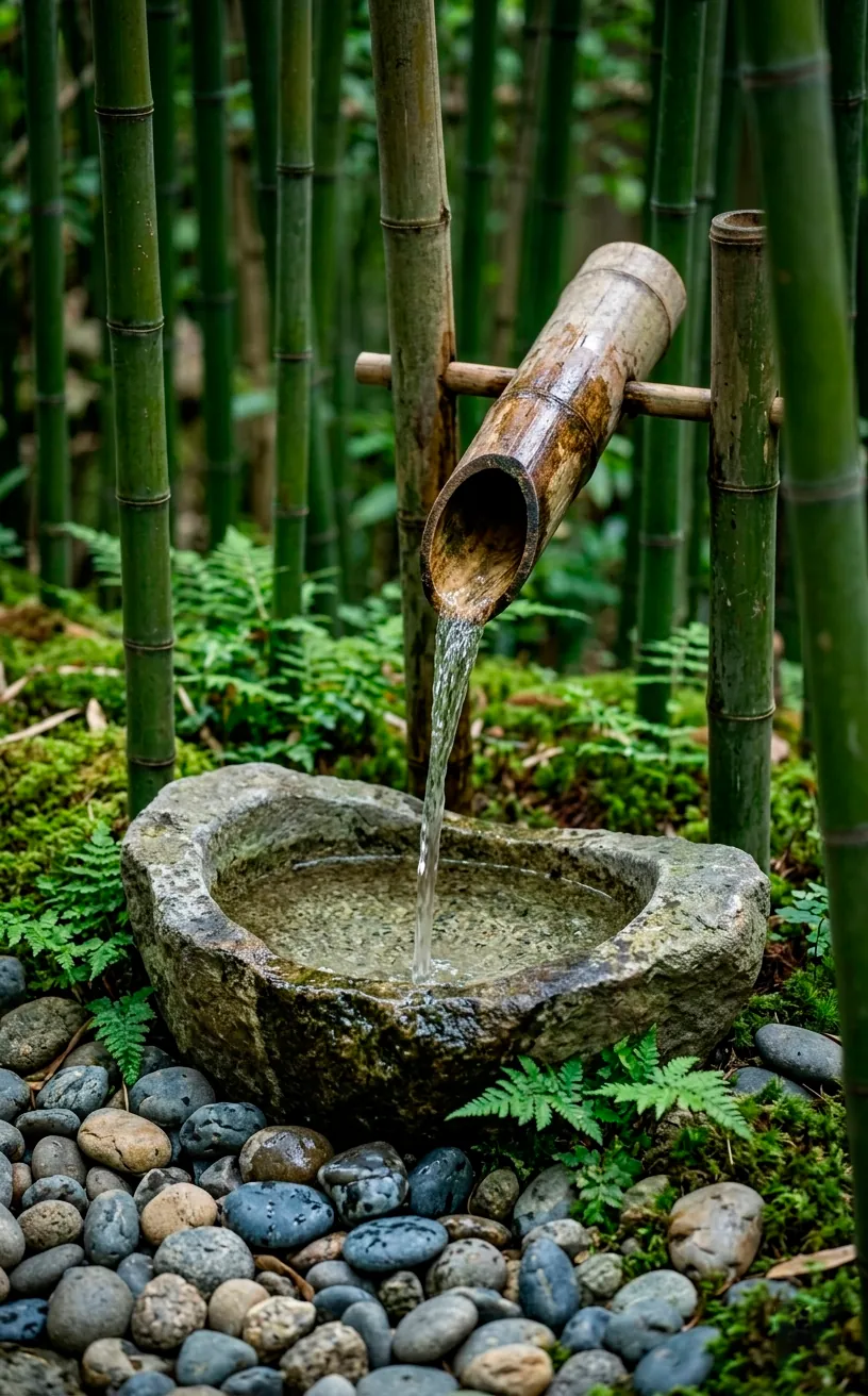 Traditional bamboo shishi-odoshi trickle fountain tipping water into a stone basin.