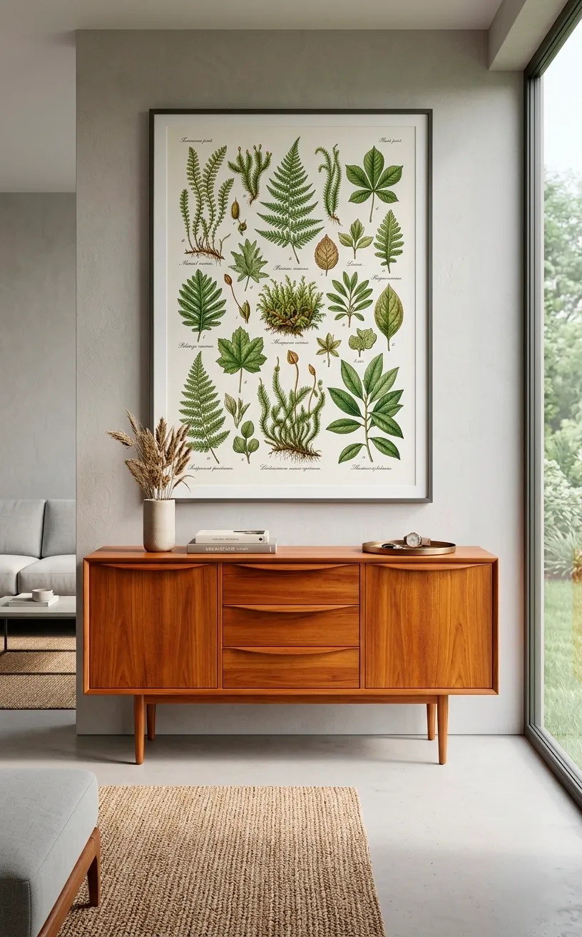 Restored mid-century teak sideboard with a rich warm finish in a modern living room setting.