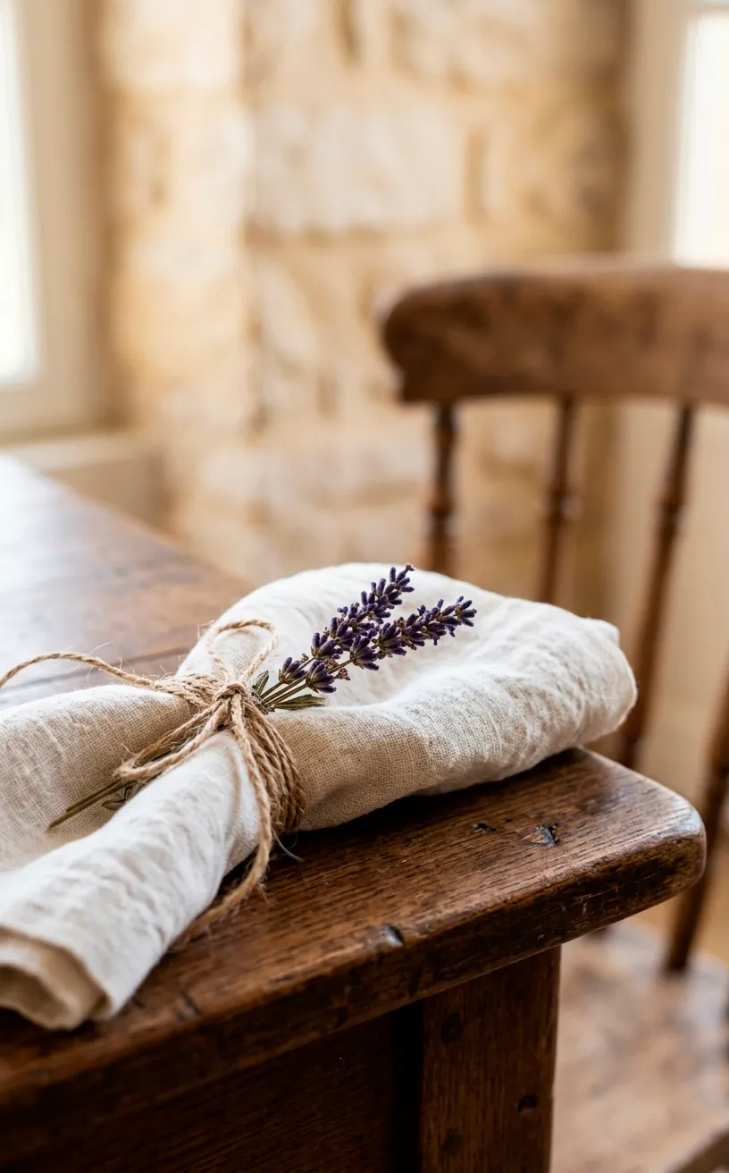 Close-up vignette of a linen napkin with twine and lavender on a French country table.