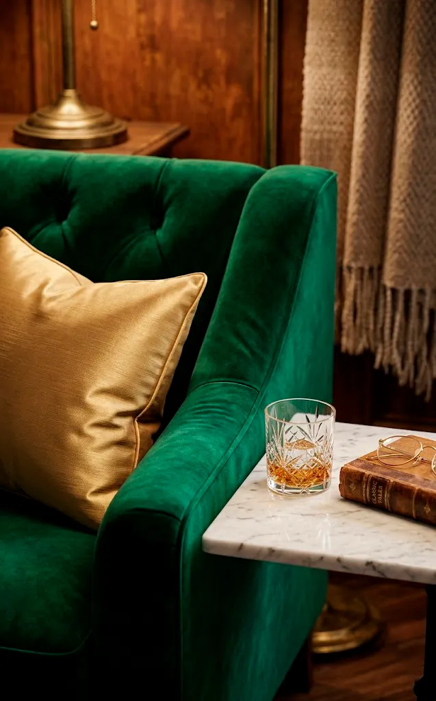 Close-up detail of tufted emerald velvet upholstery with a gold silk pillow and marble table.
