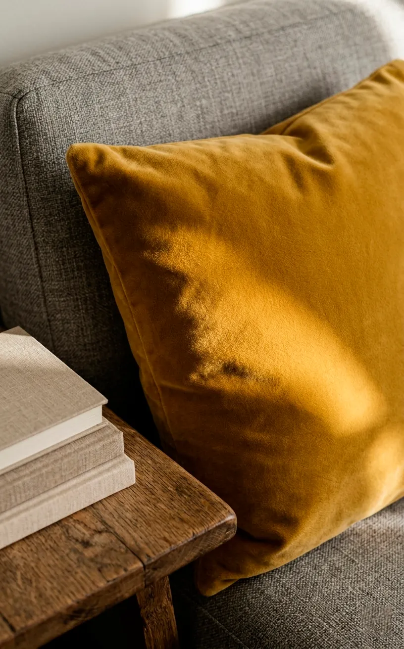 Close-up of mustard yellow velvet fabric texture and a wooden side table with books.