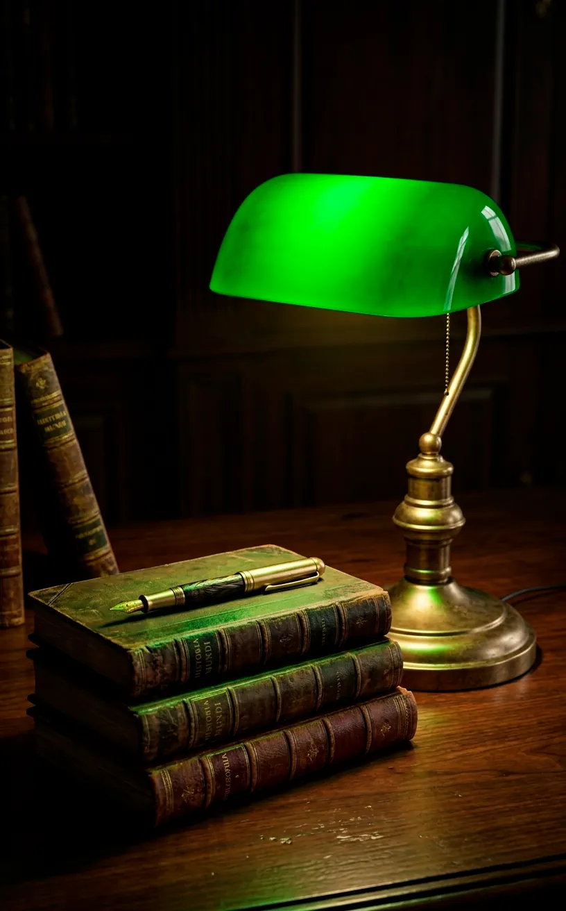 Classic brass banker's lamp with emerald green glass shade on a dark wood library desk.