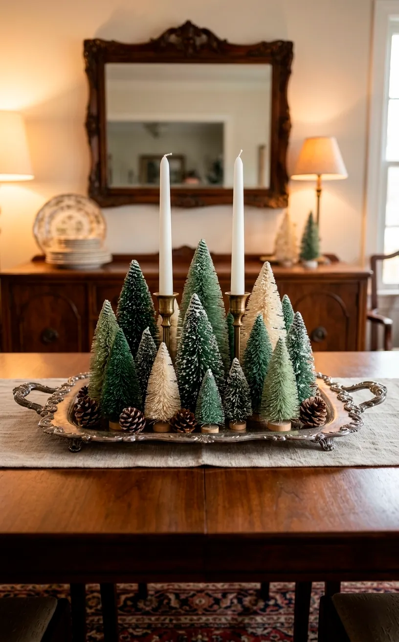 Antique silver tray with bottle brush trees and pinecones on a holiday sideboard.