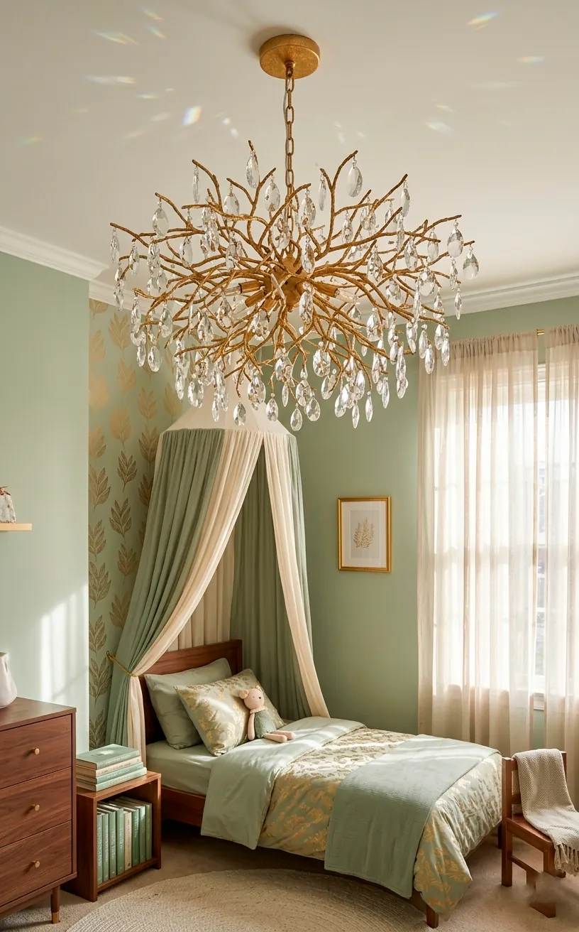 Enchanted gold branch chandelier with crystal leaves in a green luxury bedroom.