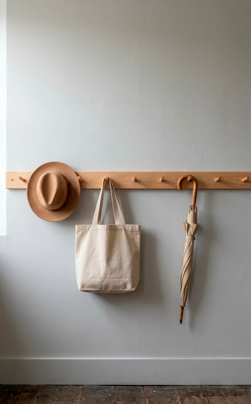 Wooden Shaker peg rail with hats and bags hanging on a gray wall.