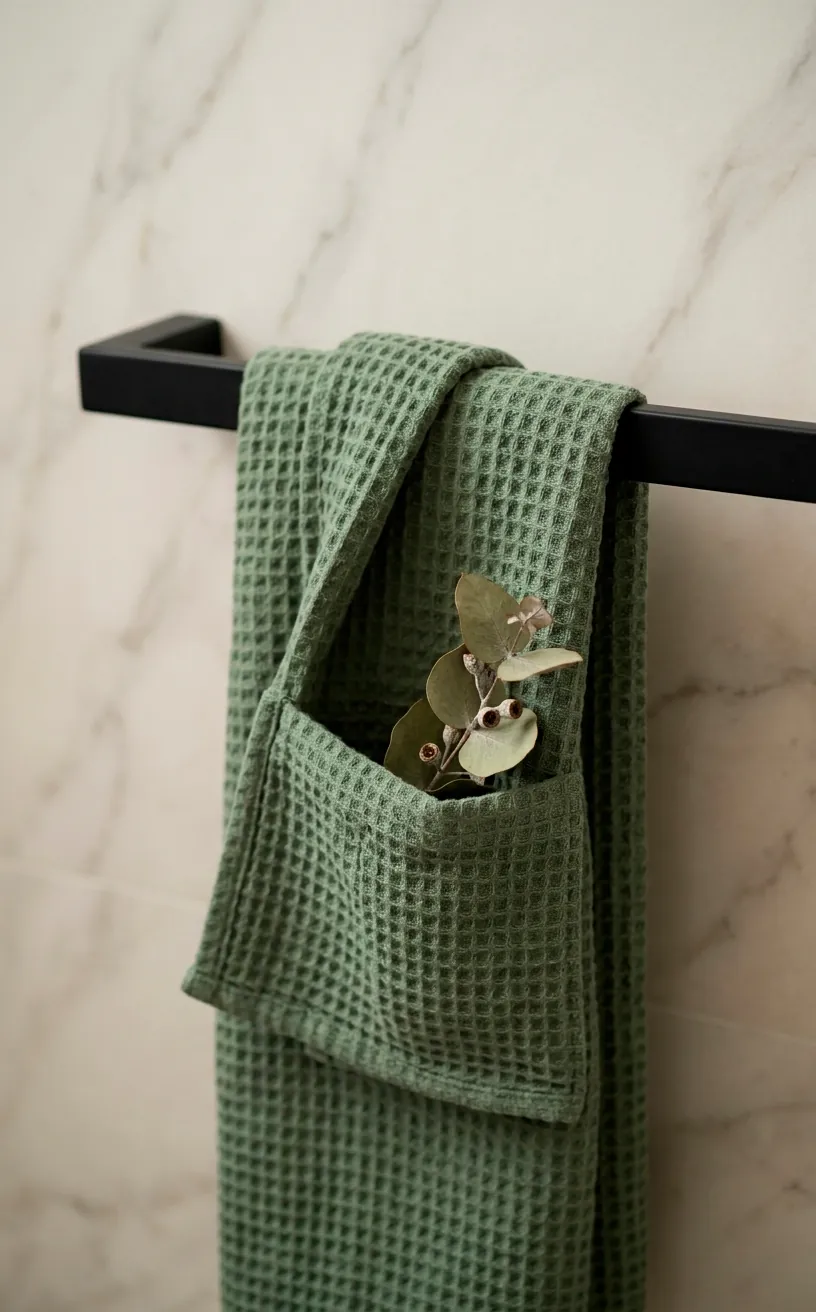Close-up detail of a sage green waffle-weave towel with dried eucalyptus on a black rack.