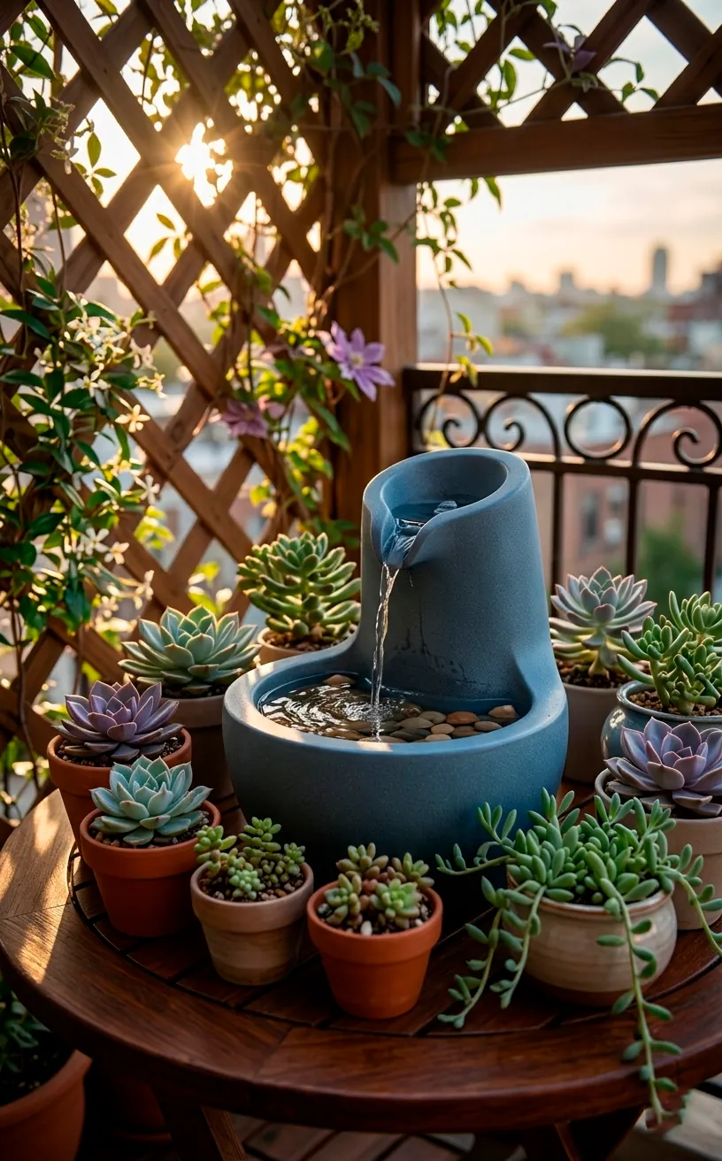 Slate blue tabletop fountain on a small balcony table with succulents.