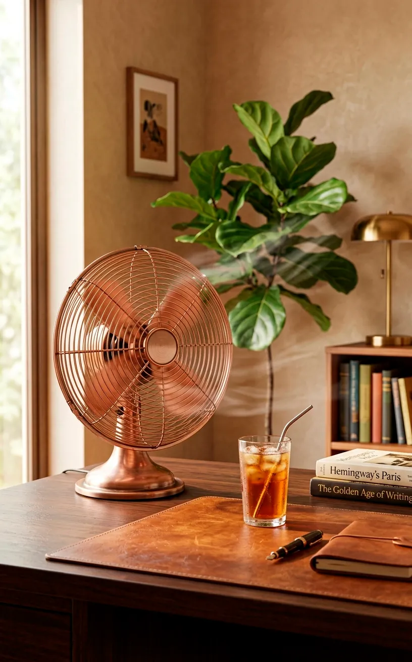 Vintage copper desk fan on a stylish summer workspace with iced tea and office accessories.