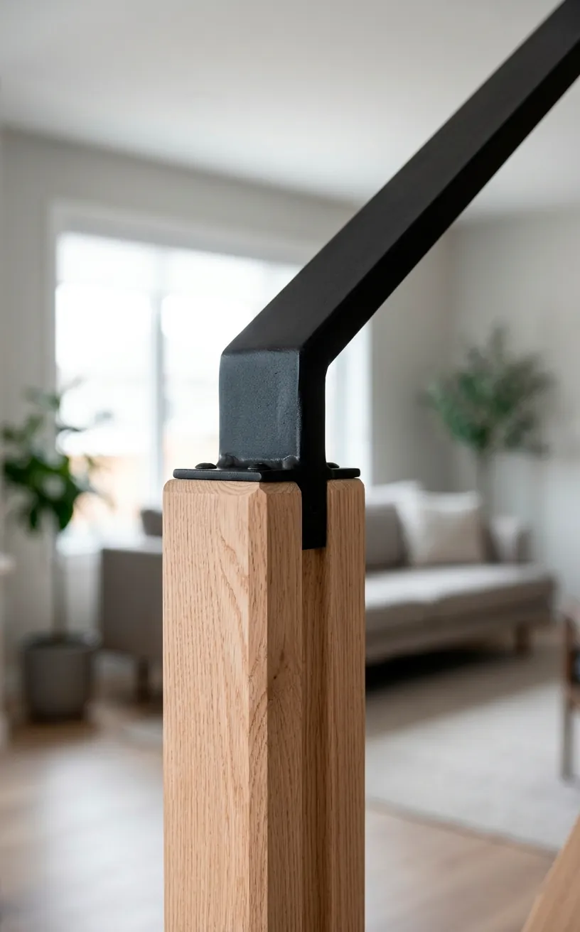 Close-up detail of a matte black iron handrail connected to a raw white oak staircase post.