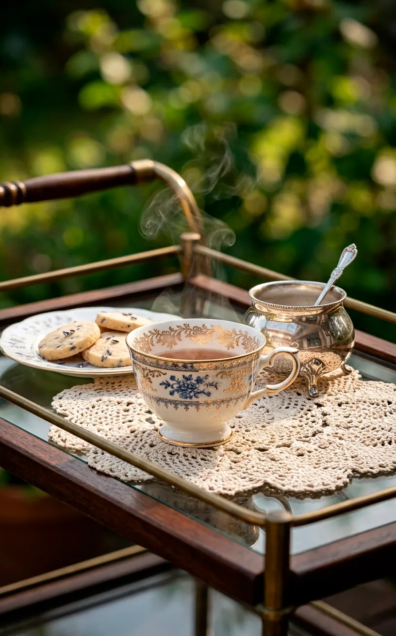 Detail of a floral porcelain teacup and silver sugar bowl on a vintage tea cart.