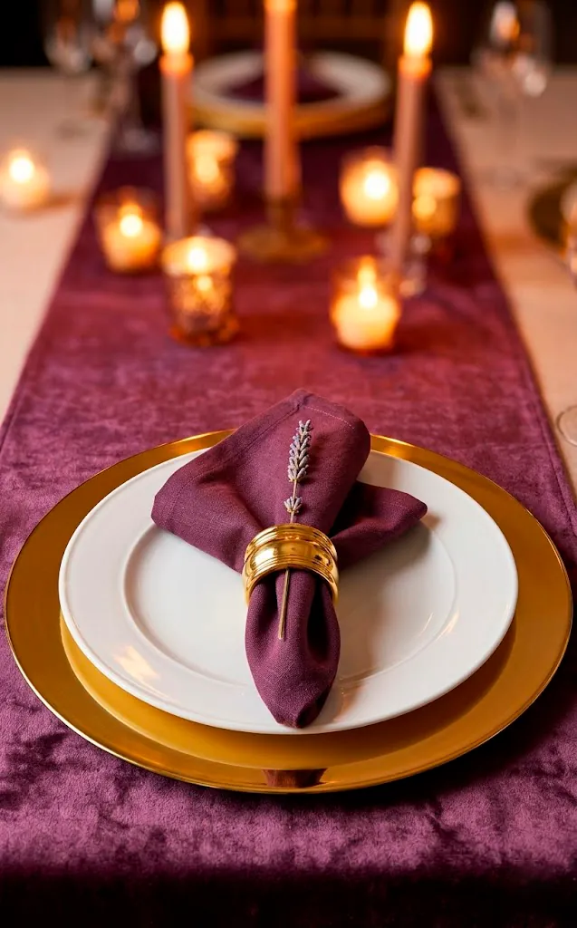 Close-up of a gold charger plate and plum napkin on a velvet runner.