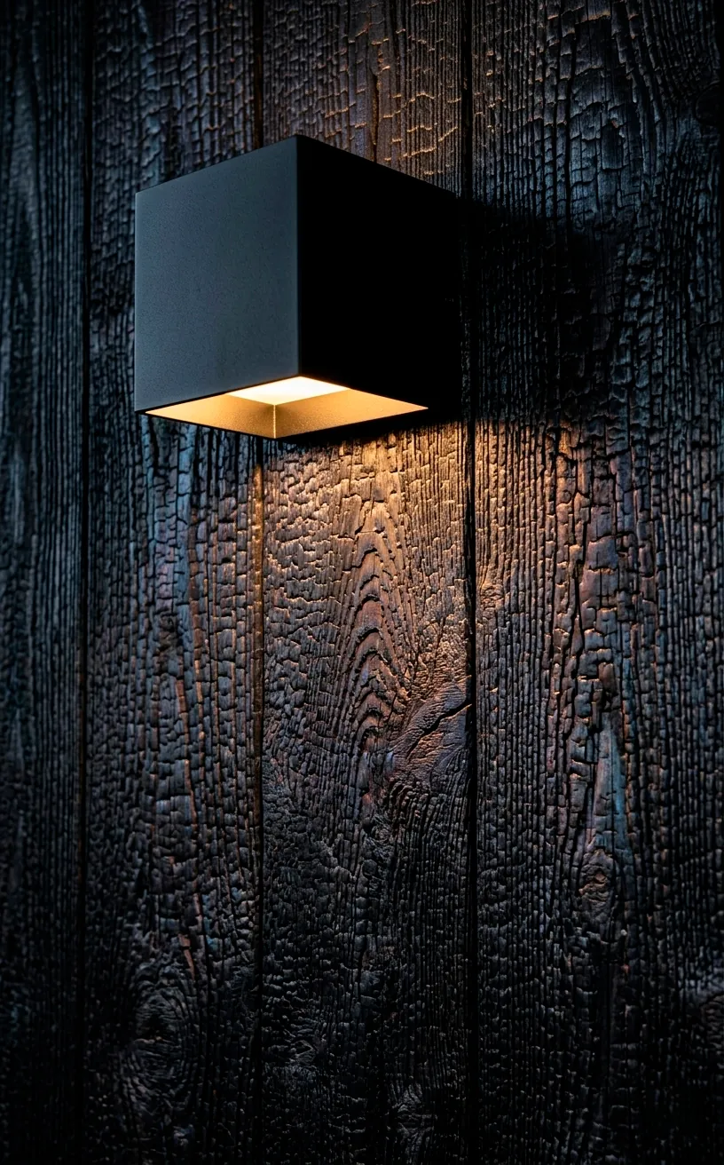 Close up of charred Shou Sugi Ban wood texture with modern lighting.