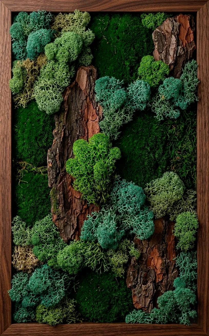 Close-up detail of rich textures in a preserved moss and bark wall art piece with a walnut frame.