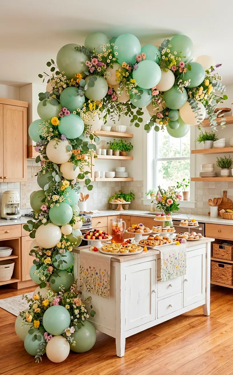 Organic balloon arch mixed with real wildflowers and greenery for a Mother's Day brunch.