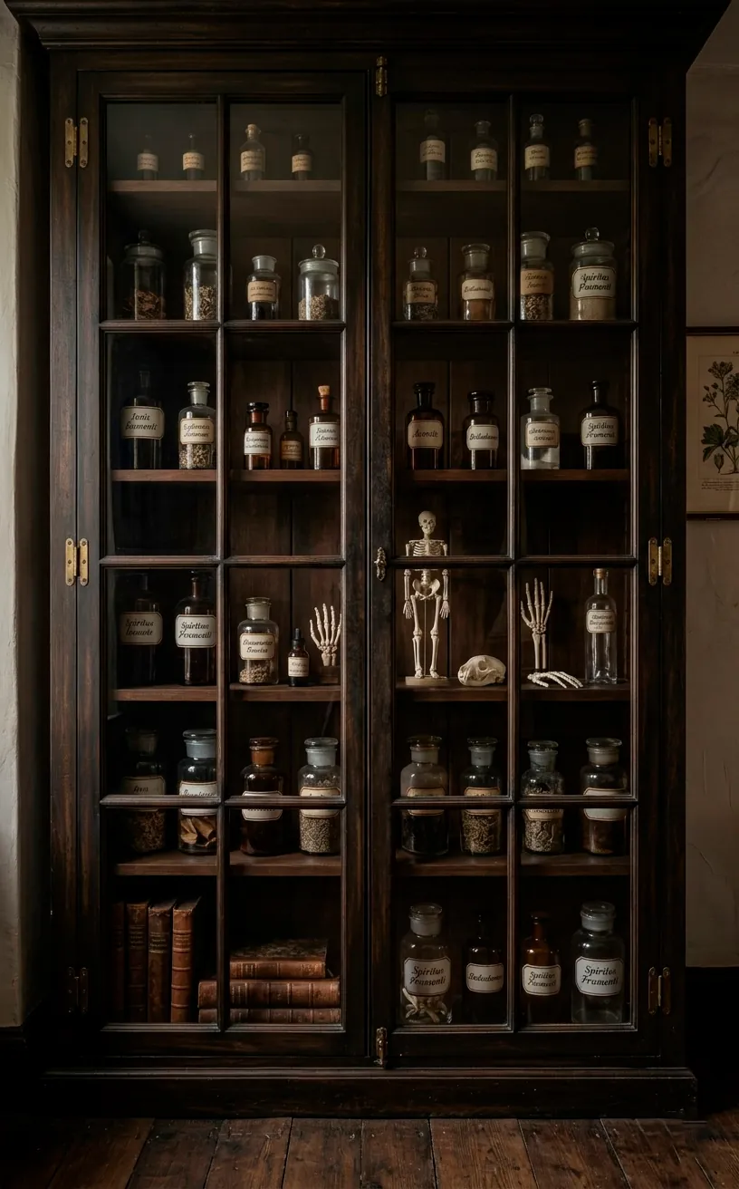 Victorian apothecary cabinet filled with spooky curiosities and vintage bottles.