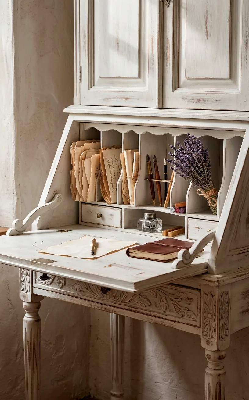 Vintage white-washed secretary desk with intricate carvings and stationery cubbies.