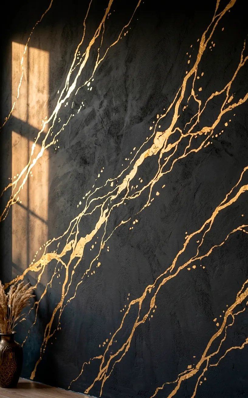 Gold leaf accents on a dark charcoal staircase wall mimicking gold marble veins.