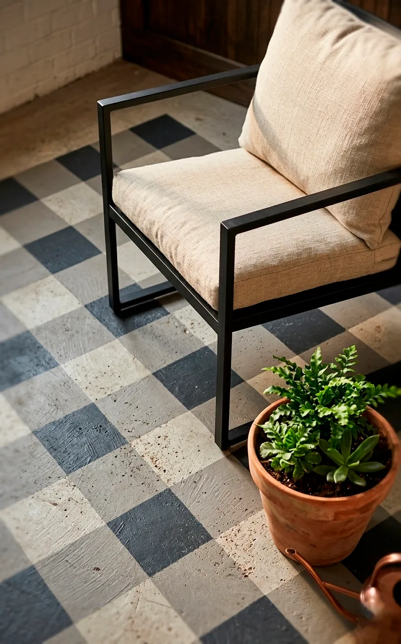 Close-up of painted buffalo check pattern on a concrete floor with a black metal chair.