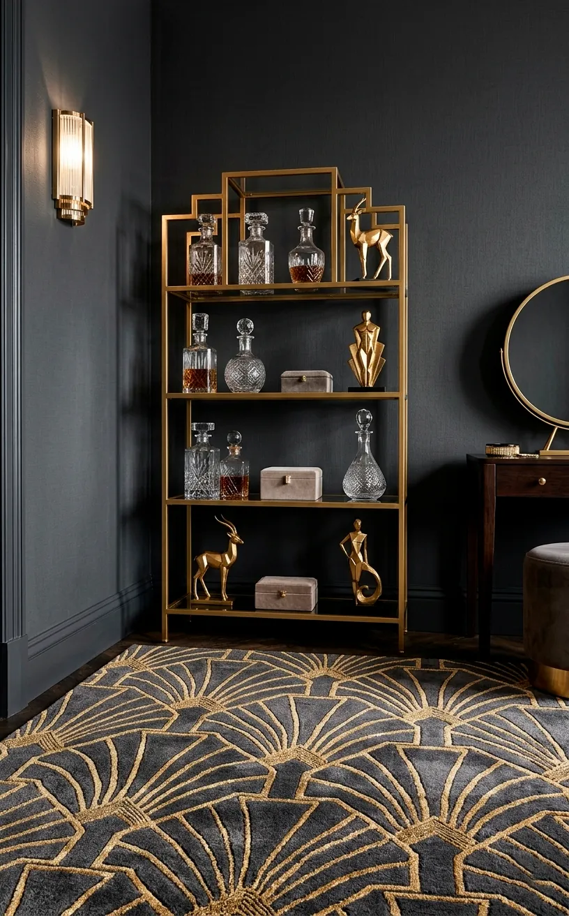 Close-up of a geometric rug and gold tiered shelving in a modern Art Deco room.
