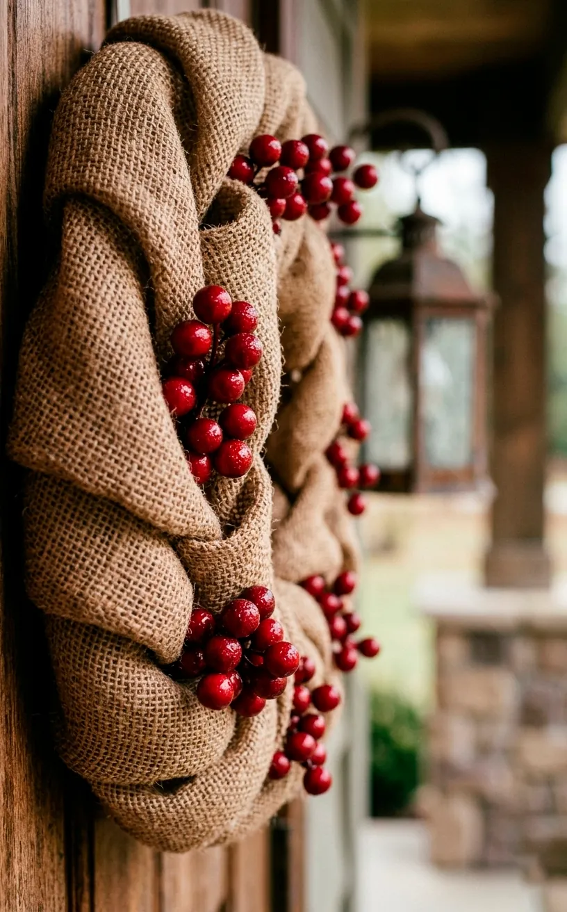 Close-up detail of burlap textures and red berries on a patriotic porch wreath.