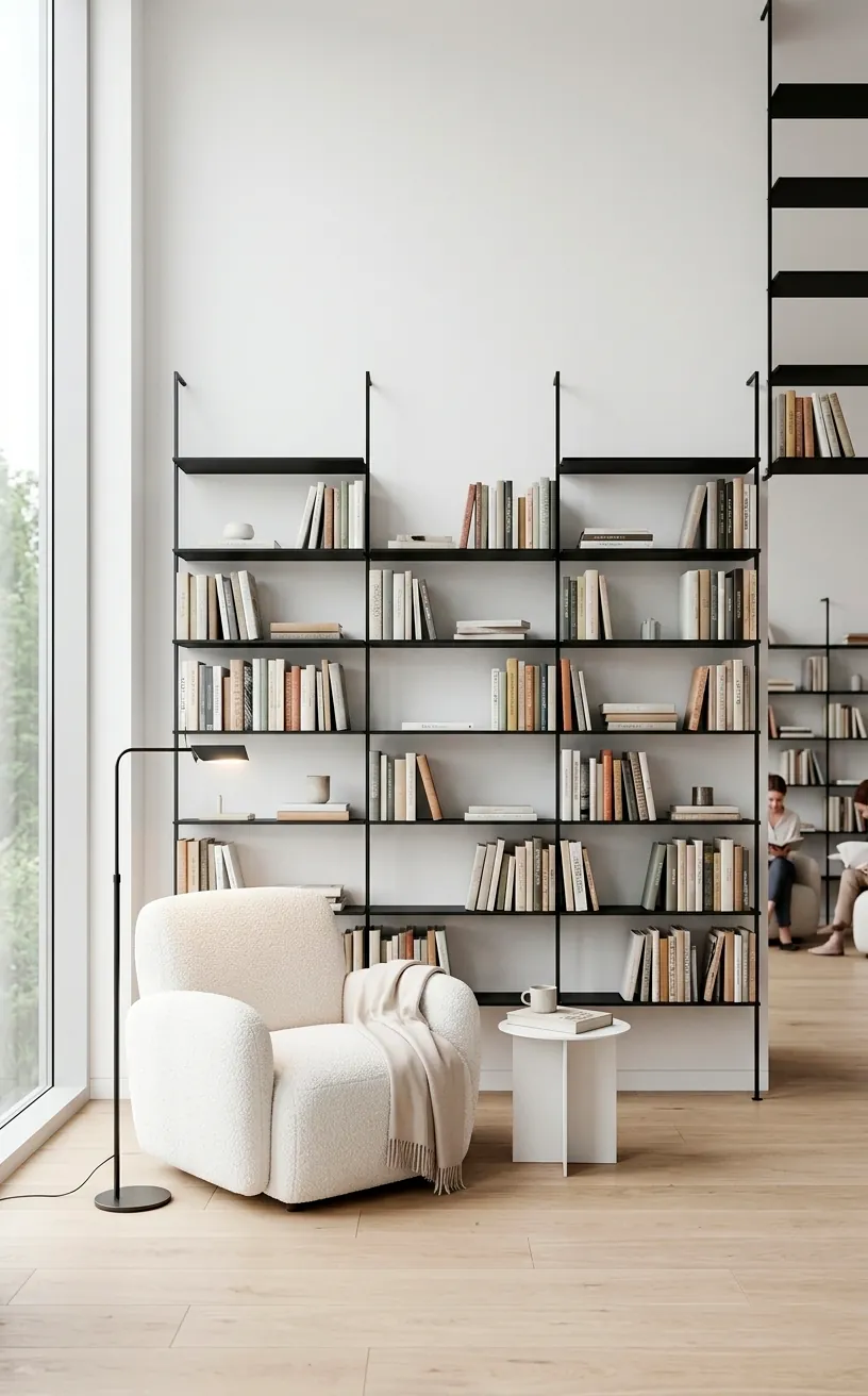 Bright minimalist library with thin black metal shelves and a white boucle armchair.
