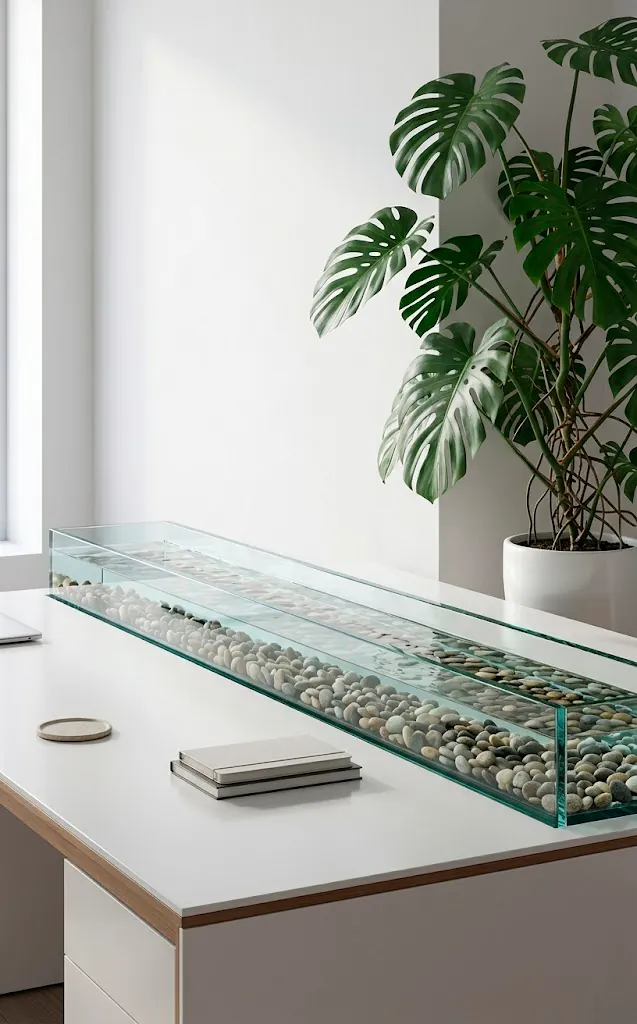 Minimalist linear glass water trough on a white desk in a bright, modern office space.