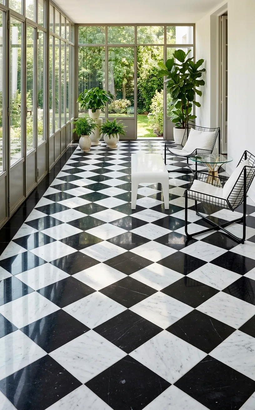 Black and white checkerboard marble floor in a bright, modern Victorian sunroom.